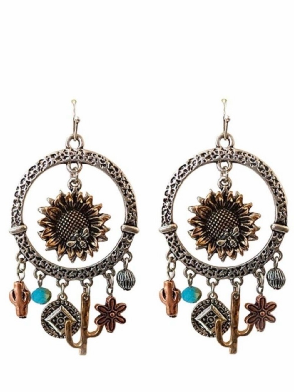 Boho Sunflower & Turquoise Dangle Earrings - Mixed Metal